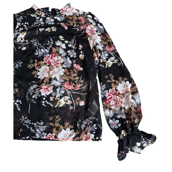 Womens Floral Sheer Blouse Black Long Sleeve Ruffle Neck Romantic Top Small - Picture 13 of 16